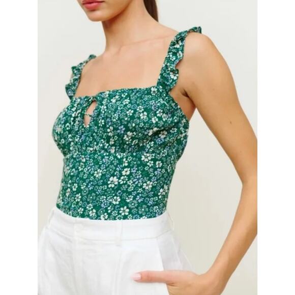 Reformation Cortese Top Women 6 Green Ditsy Floral Ruffle Strap Smocked Feminine - Picture 1 of 11